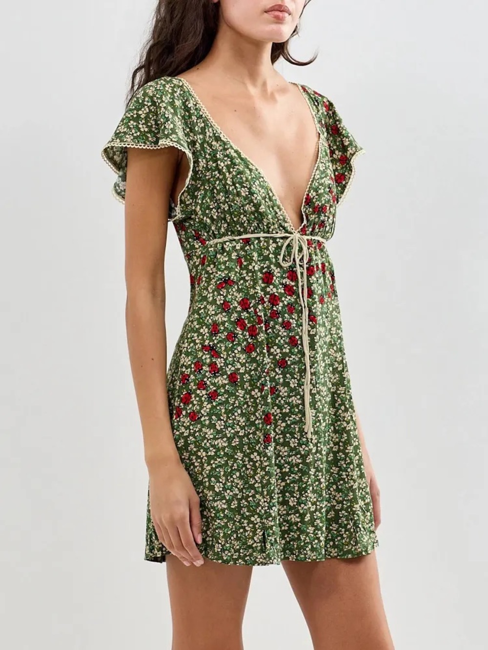 Free People Green Floral Tie-Waist V-Neck Dress with lady bugs - Picture 3 of 5
